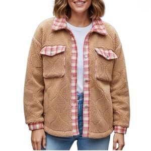Cozy Tan Teddy Jacket with Pink Plaid Details